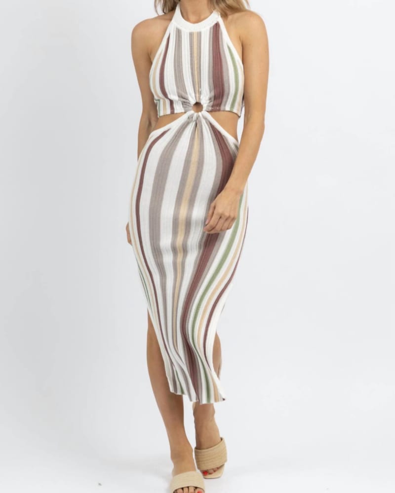Front of a model wearing a size L Solid And Striped Knit Midi Dress In Brown in Brown by MIOU MUSE. | dia_product_style_image_id:354854